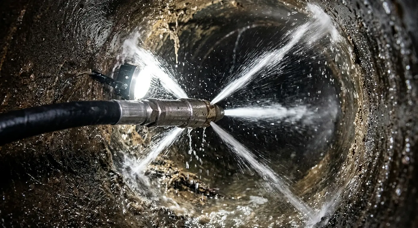 High-pressure hydro jetting nozzle cleaning sewer pipe for Sewer Cleanout in Madison